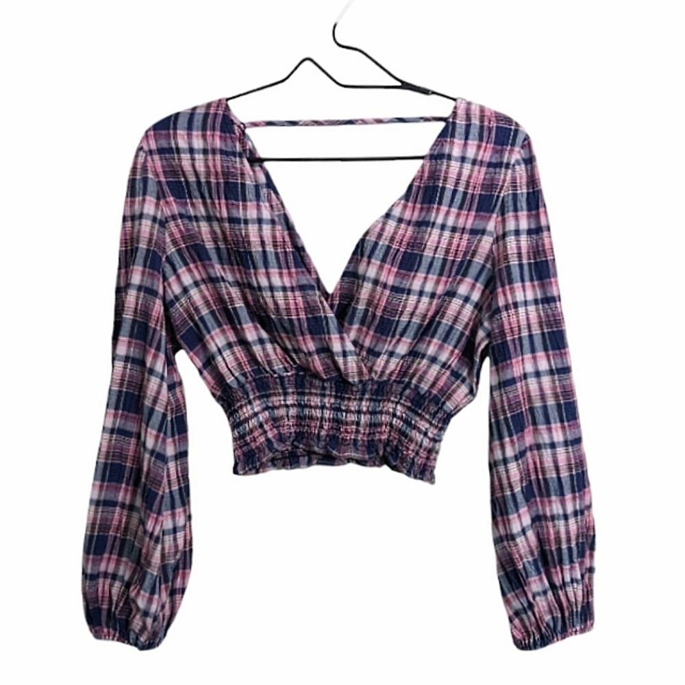 Zara Women Blue Purple Plaid Wrap Crop Top Shirt Long Sleeve Smocked Waist XS
